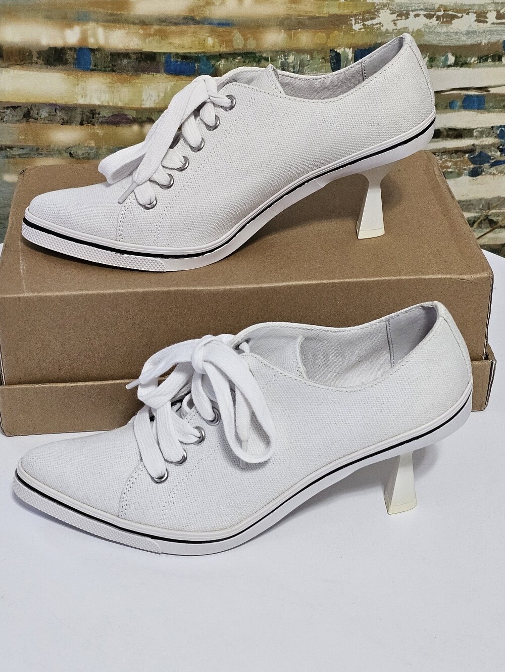 White Oxford Sneaker Lace-Up Heels Canvas Pointed Toe.